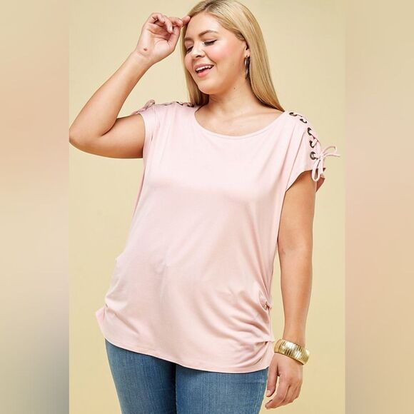 Boutique Brand Luxology Lace-up Ruched Dusty Rose Pink Blouse Top Size Medium - Picture 3 of 11